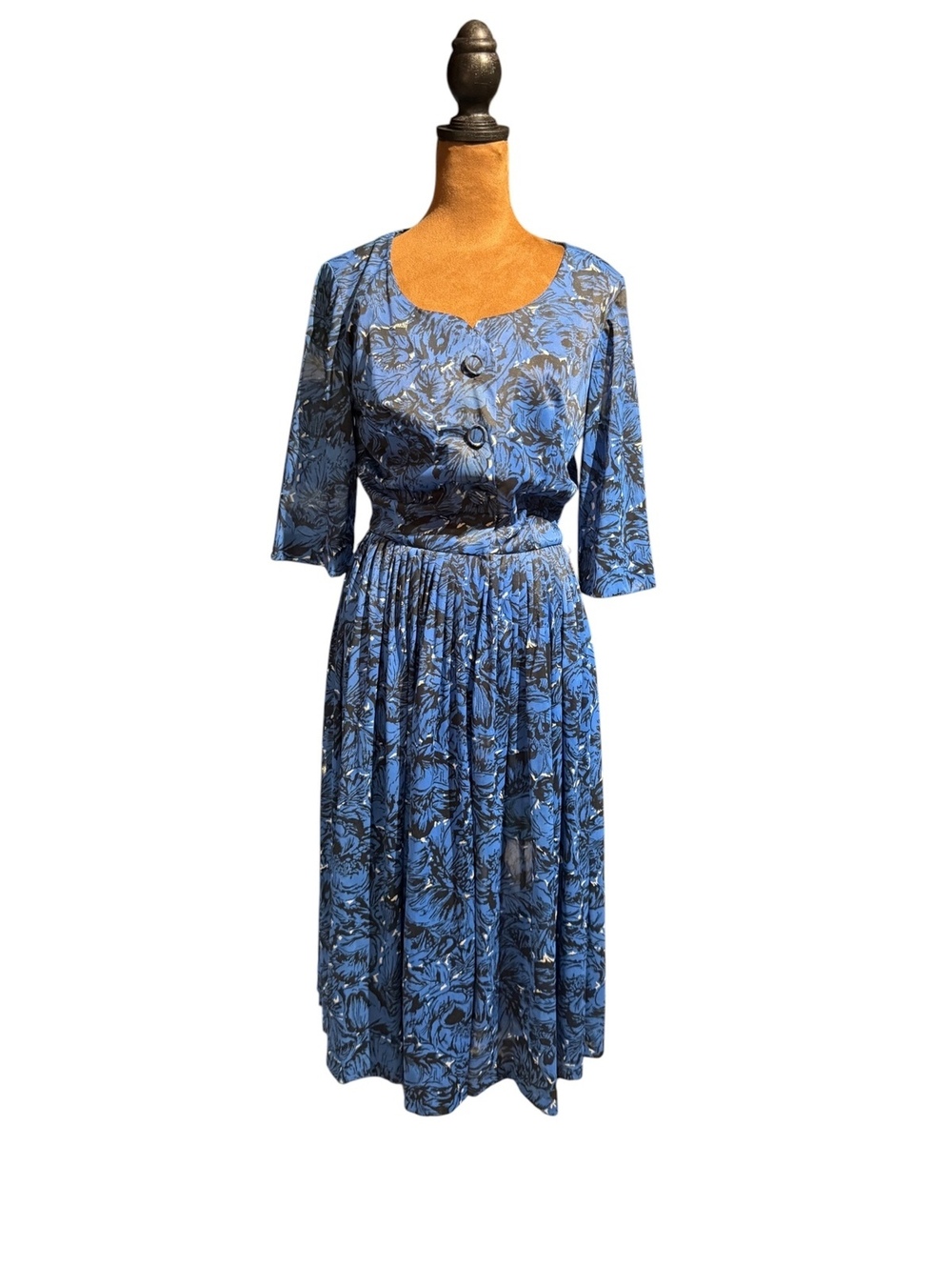 Bettie Hartford Vintage Blue Floral Dress with Button Front